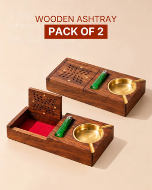 Pack of 2 Handcrafted Wooden Ashtray with Cigarette Storage Box & Brass Ash Bowl