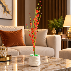 Artificial Red Blossom Flower Plant with White Decorative Pot CH 00326