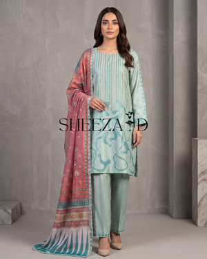 Mint Elegance – Embroidered Viscose 3 Piece Suit