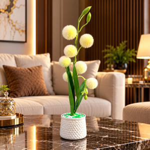 Artificial White Pom Pom Flower Plant with Green Leaves & Decorative White Pot CH 00329