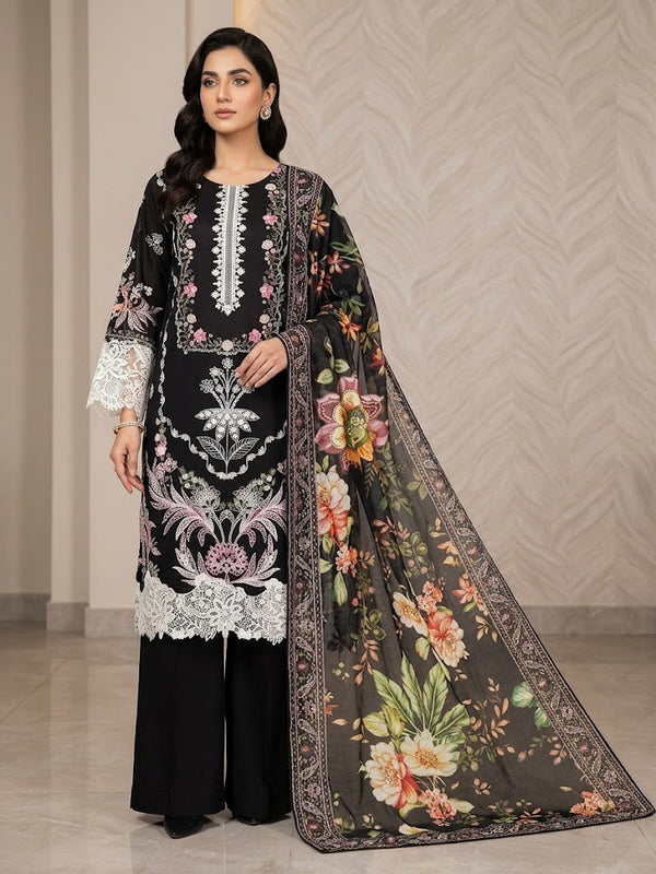 3Pc (G1) Stitched Embroidered Suit - black