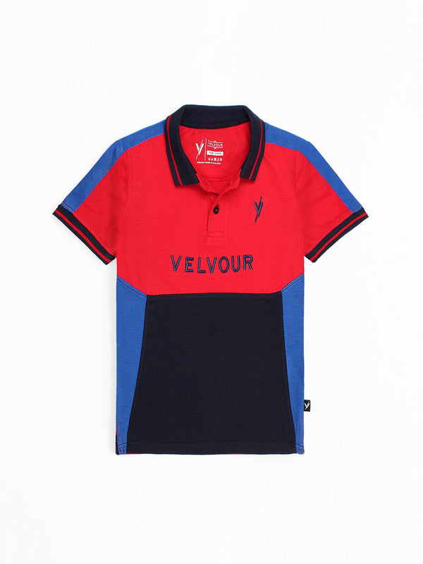 Tipping Collar Boys Polo Shirt Velvour Embroidered  Red And Navy