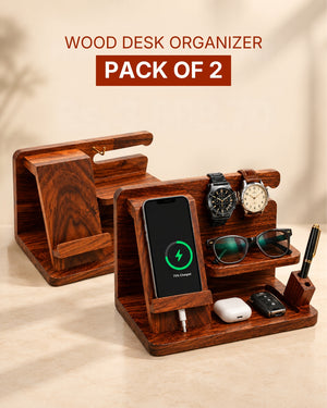 Pack of 2 Handcrafted Sheesham Wood Desk Organizer | Phone Dock, Watch Stand & Key Holder
