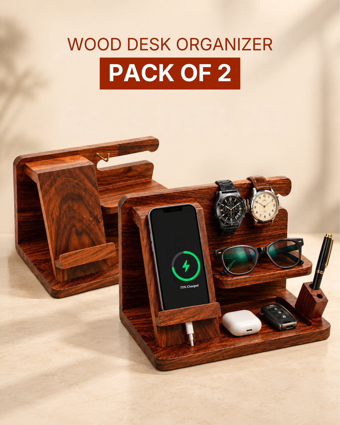 Pack of 2 Handcrafted Sheesham Wood Desk Organizer | Phone Dock, Watch Stand & Key Holder