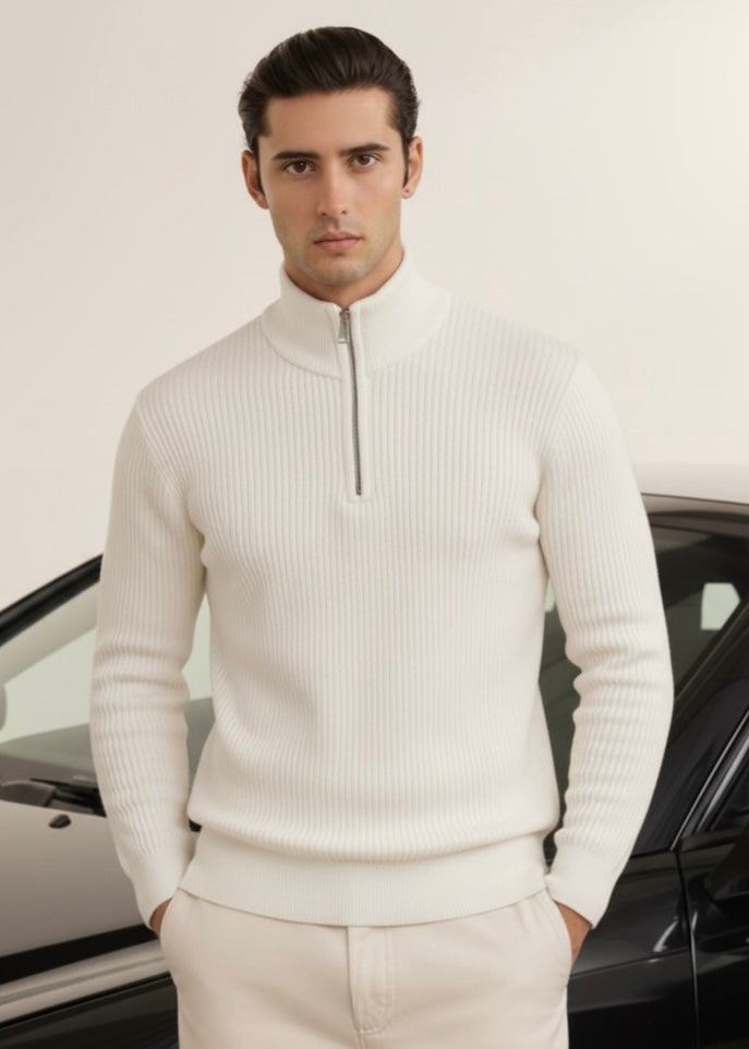 THE ALPHA STREET ZIP MOCK NECK-WHITE