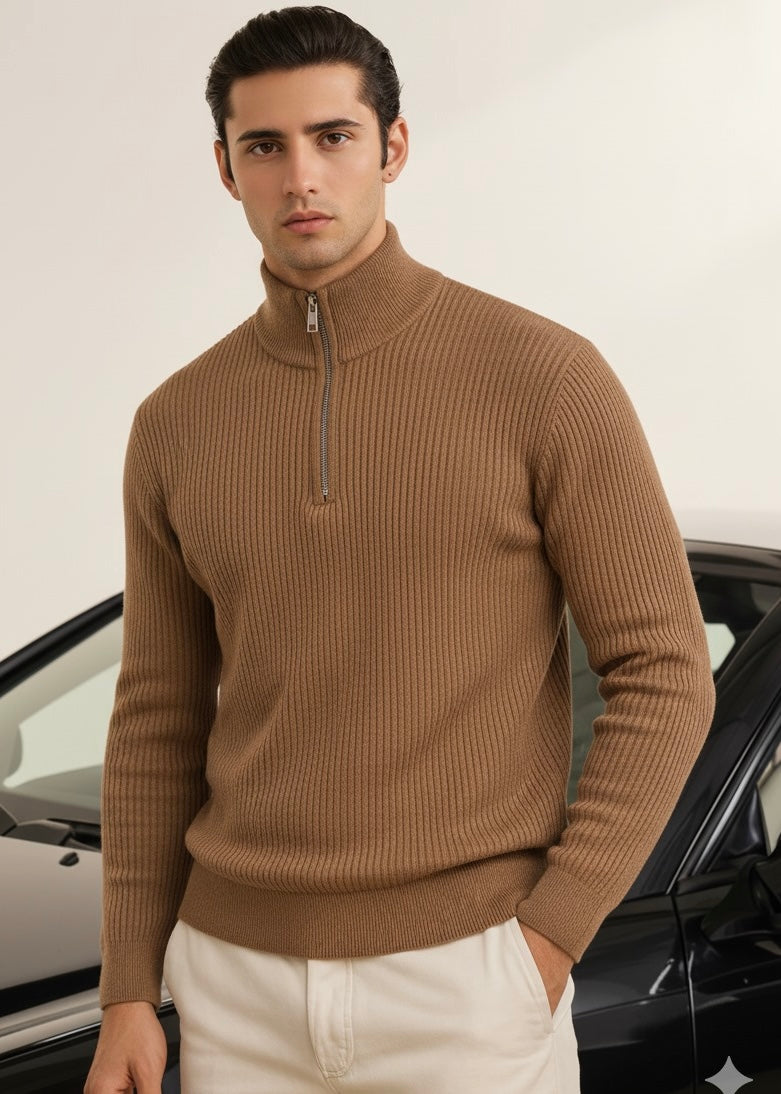THE ALPHA STREET ZIP MOCK NECK -BROWN