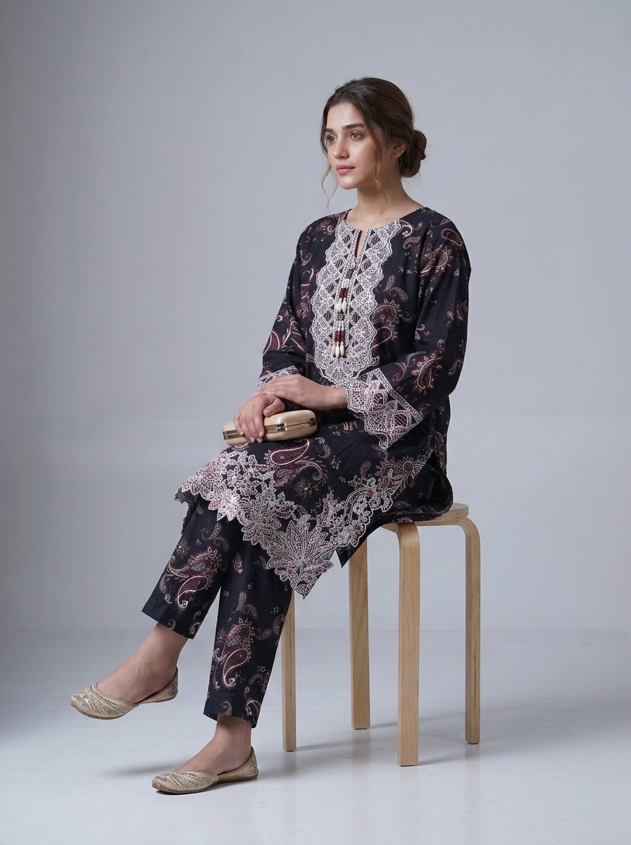 PC-650 Printed Embroidered Stitched Suit 3PC