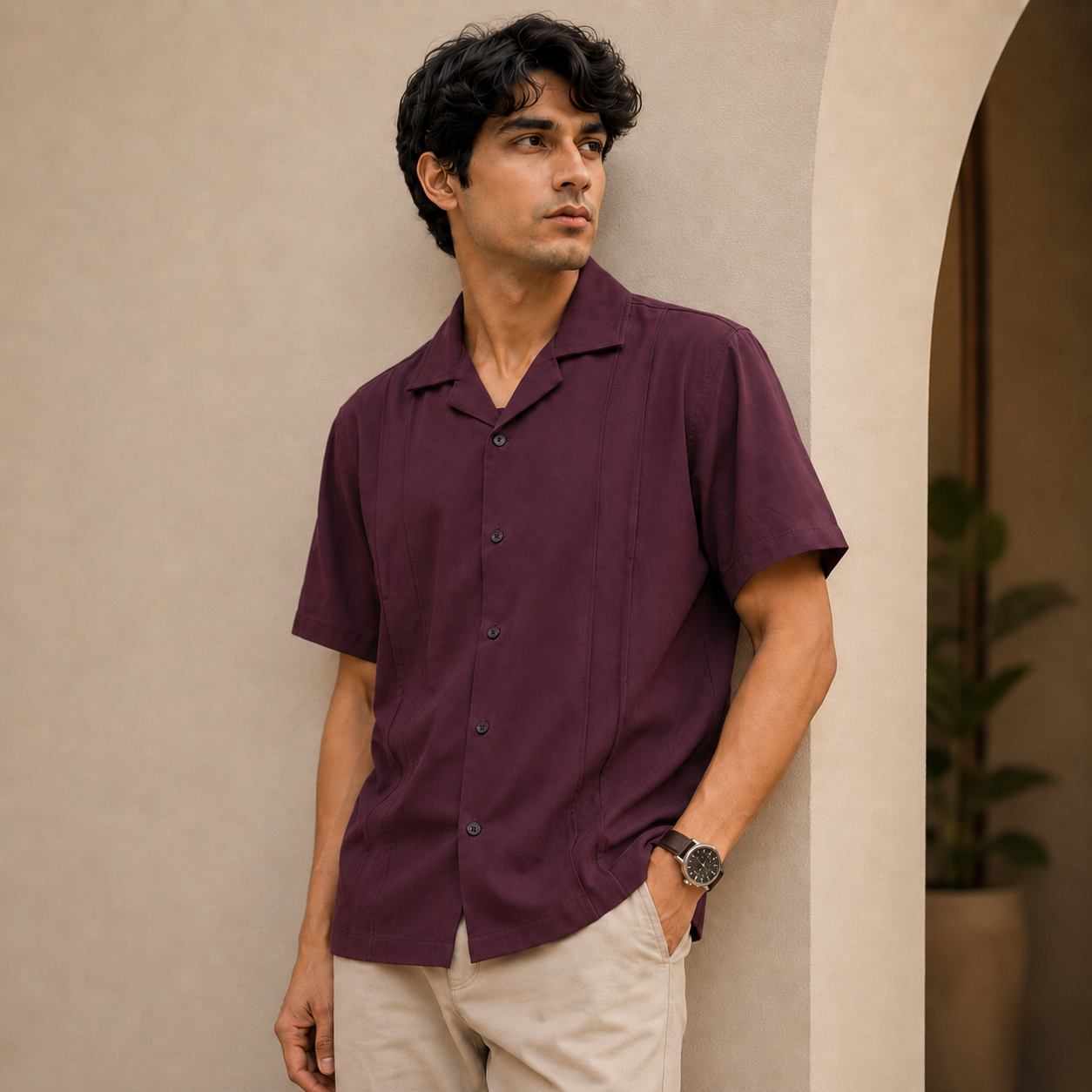Premium Plain Cube Collar shirt Maroon