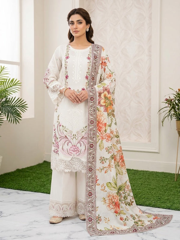 3Pc (001) Stitched Embroidered Suit - White