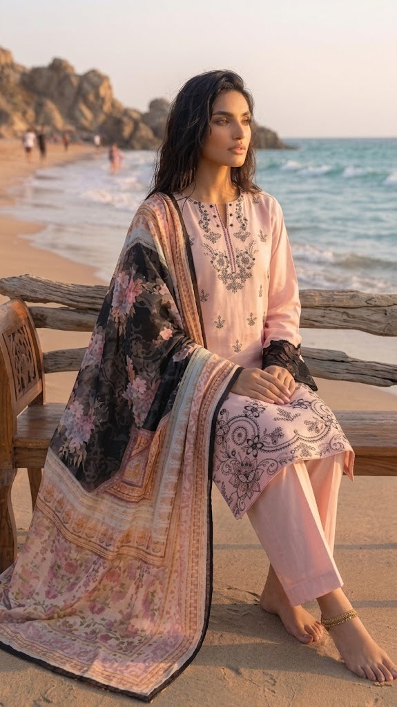 3 Piece Unstitched  Embroidered Cambric Suit