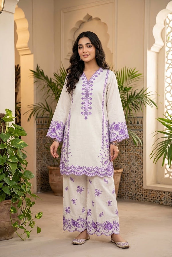 2Pc Stitched Embroidered Suit - white