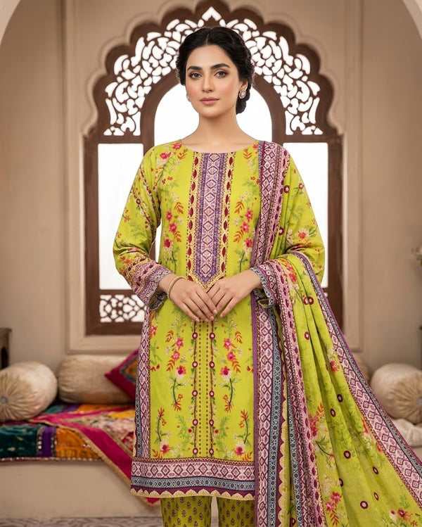 3 Pieces - Neova Unstitched Lime Green Print Lawn Suit