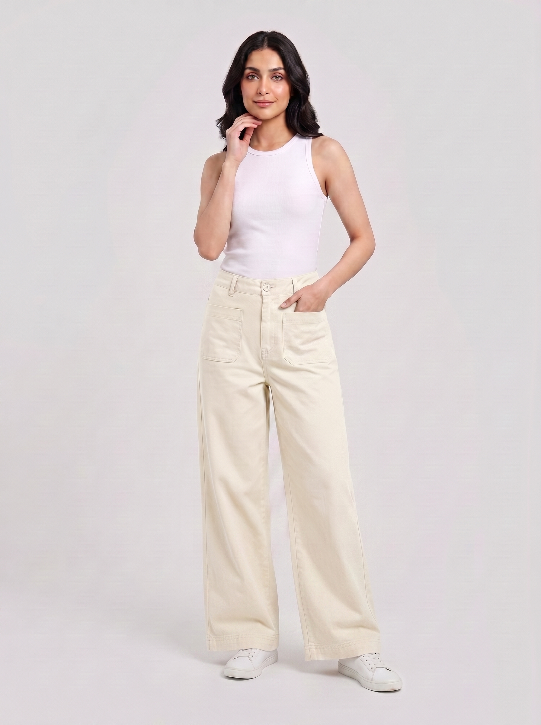 Women Cotton Wide Leg Pants - Off White