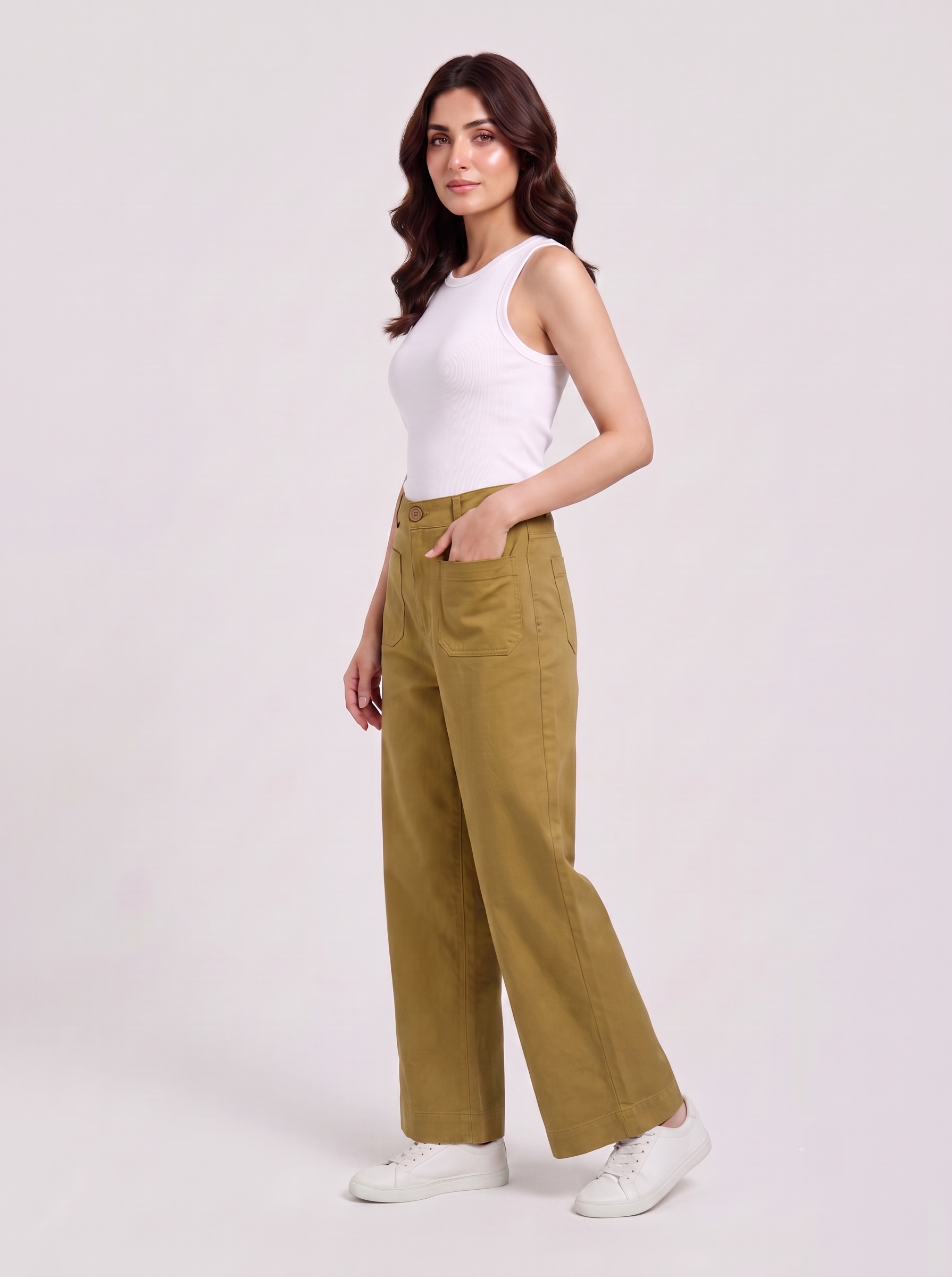 Women Cotton Wide Leg Pants - Olive