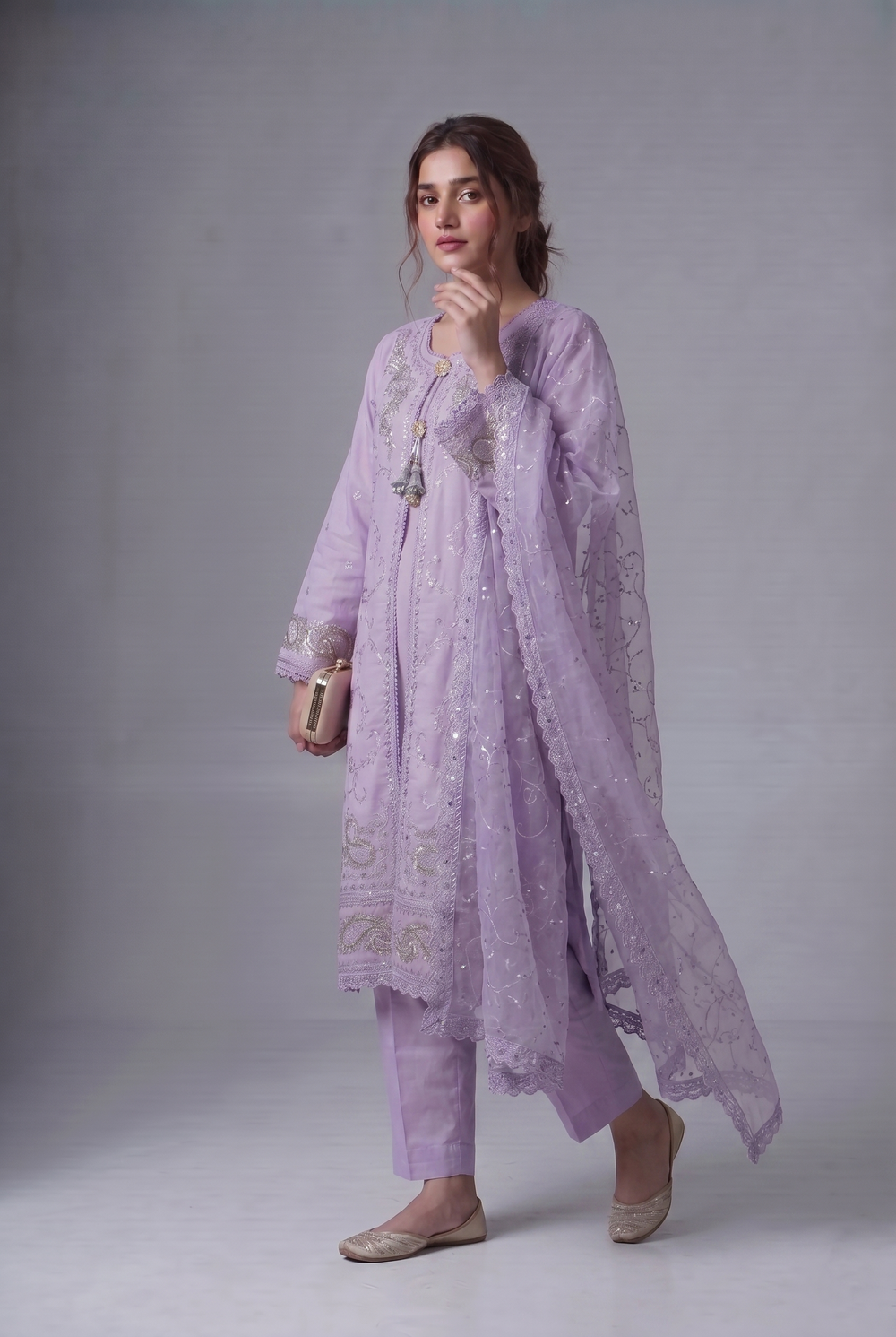 PC-202 Embroidered Stitched Long Gown Suit 4PC