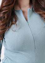 THE FULL-SLEEVES RIB BODY SUIT-SEA GREEN