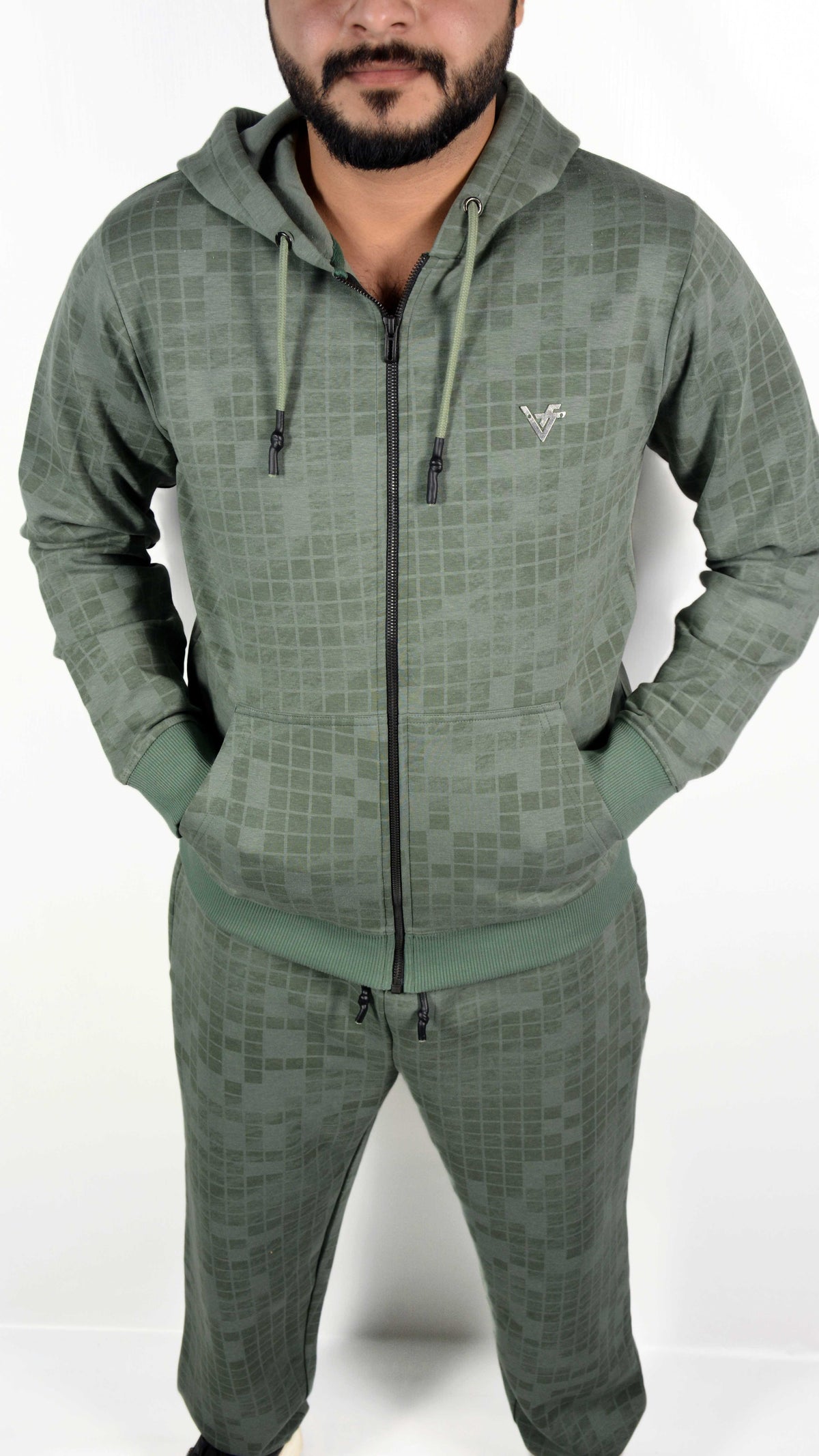GridWave Matte Green Hoodie Set