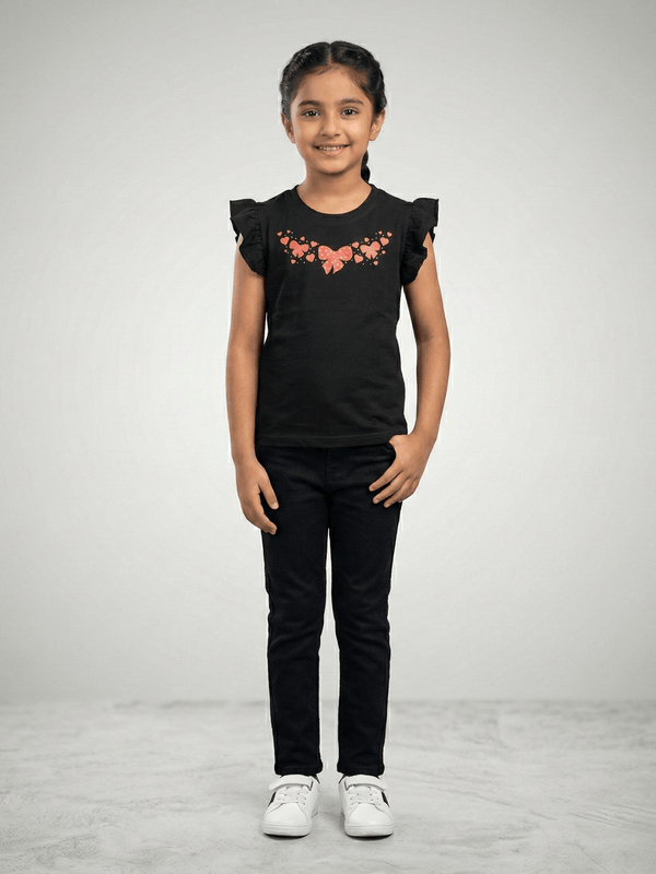 Girls Summer Black Butterfly Heart Ruffle Sleeve T-Shirt VG193-A