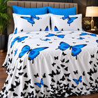 Blue Butterfly Print Bedsheet Set close-up of print and pillow covers