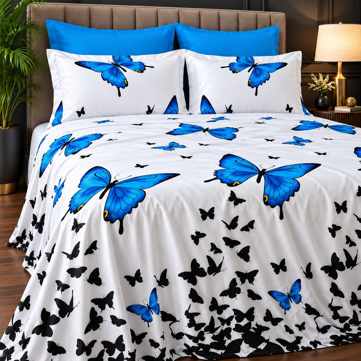 Blue Butterfly Print Bedsheet Set close-up of print and pillow covers