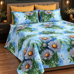 Blue Daisy Print Bedsheet Set close-up of print and pillow covers