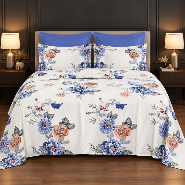 Whimsy Weave Blue Rose Bouquet Print Bedsheet Set on a bed