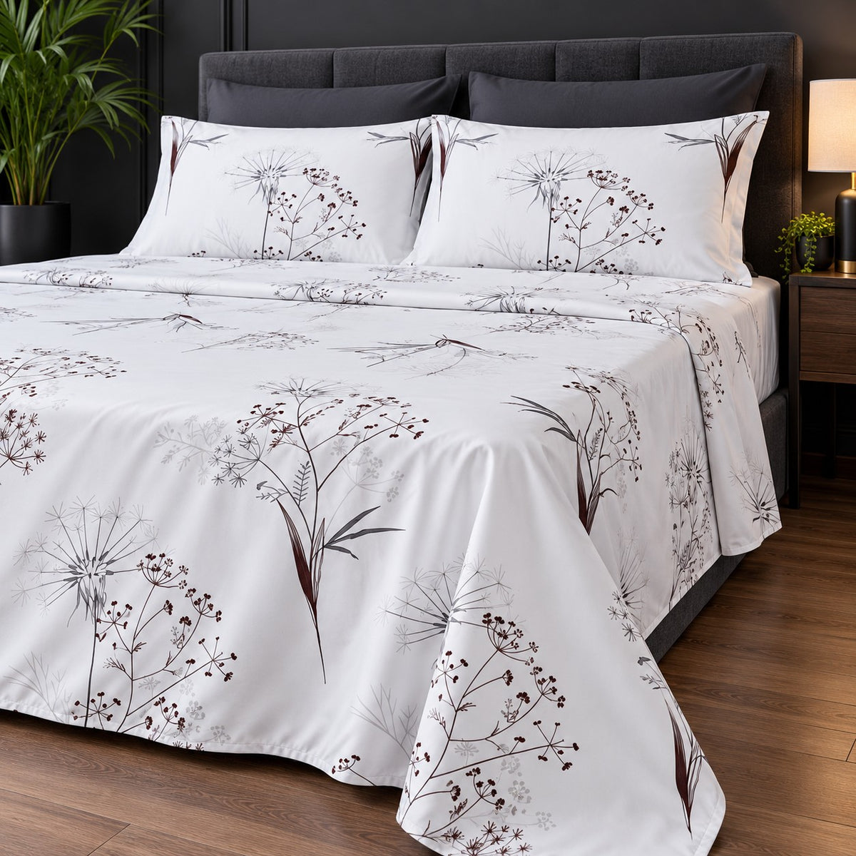 Dandelion Print Bedsheet Set close-up of print and pillow covers