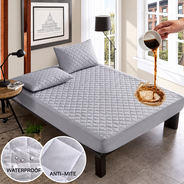 Grey Soft Cotton Quilted 100% Waterproof Fitted Mattress Protector – Comfortable & Durable