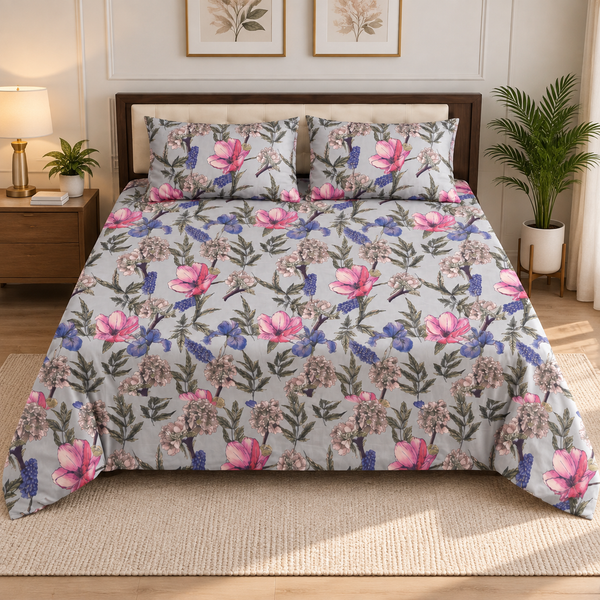 Premium Grey Floral Printed Bedsheet Set