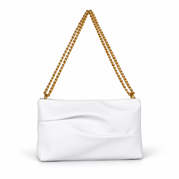 White pleated clutch bag with chain