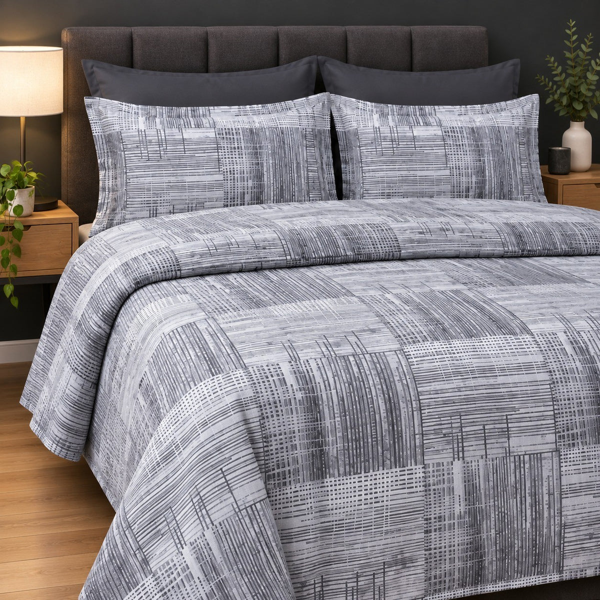 Grey Texture Print Bedsheet Set close-up of print and pillow covers