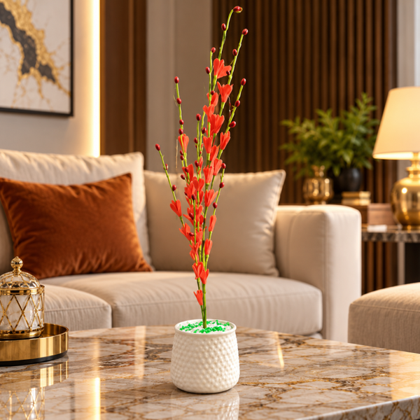 Artificial Red Blossom Flower Plant with White Decorative Pot CH 00326