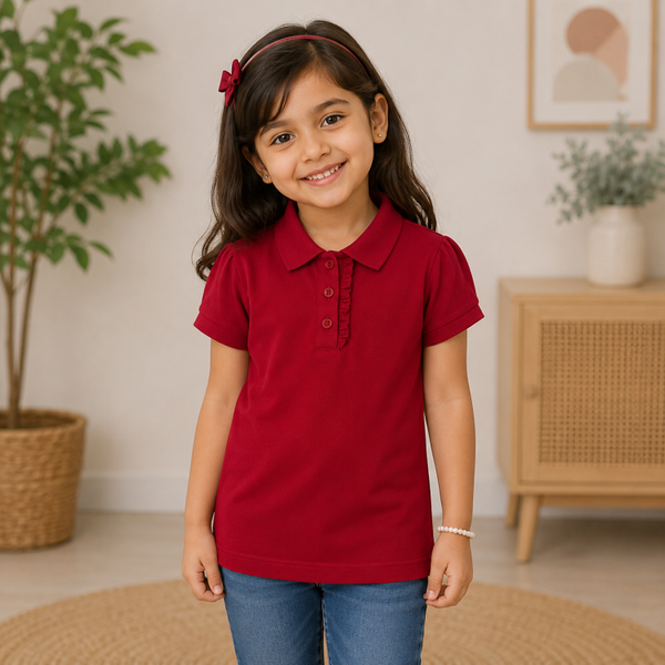 KIDS PLAIN GIRLS COTTON POLO SHIRT - MAROON