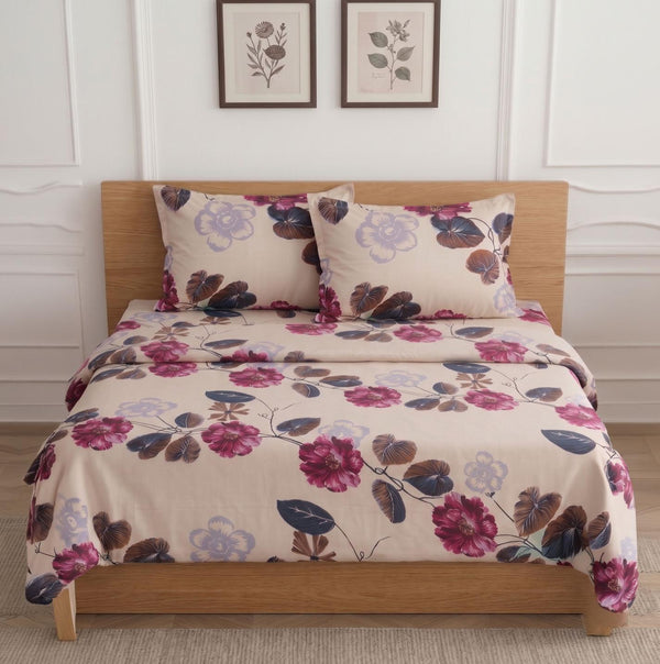 Premium Beige Floral Printed Bedsheet Set