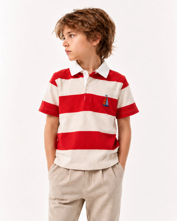 BOYS BOXY FIT STRIPED EMBROIDERED POLO