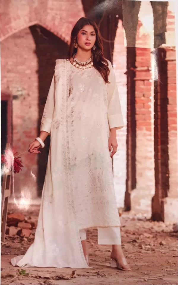 3Pc unStitched Embroidered Suit - white
