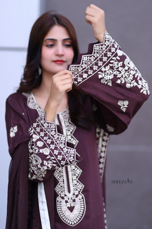 Brown 3pcs Embroidered Viscose