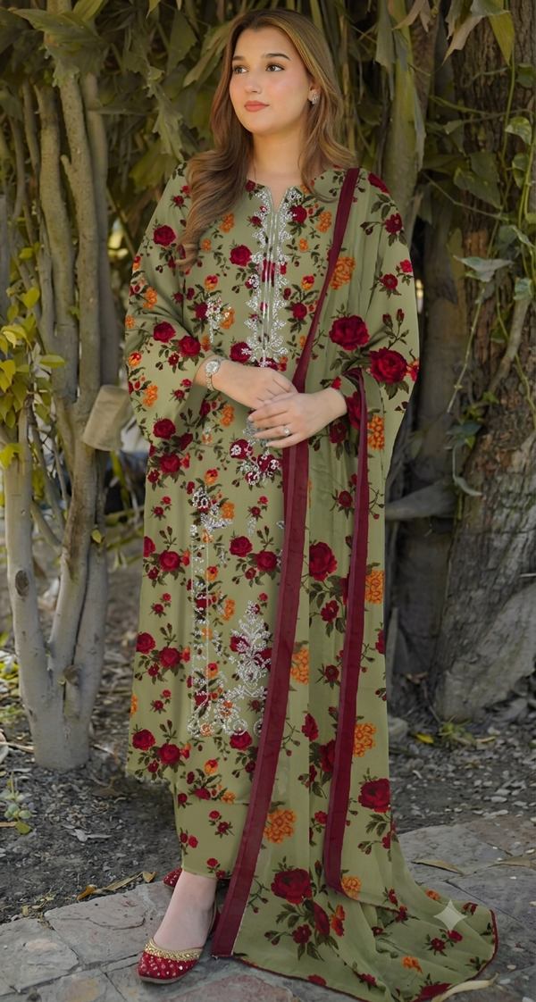 PC - A063 3PC Embroidered Lawn Suit with Chiffon Dupatta