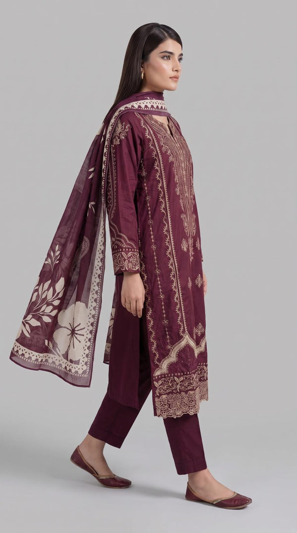 3Pc Stitched Embroidered Suit - Maroon