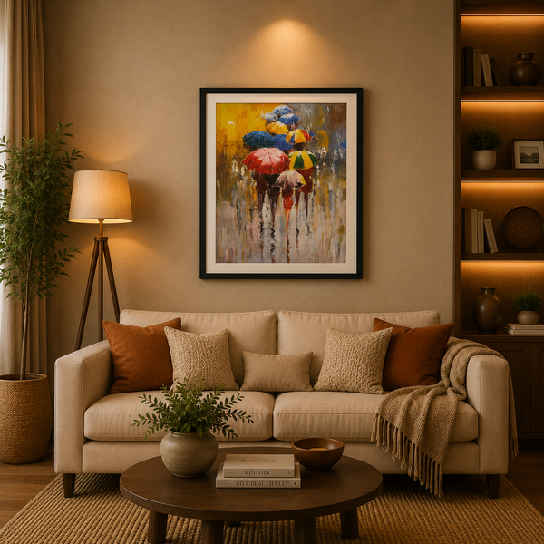 Colorful Umbrella Wall Art Frame – Abstract Rainy Street Canvas Painting