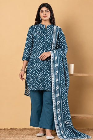 Unstitched 3Pc Printed Suit - Teal Blue