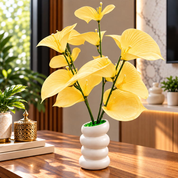 Artificial Yellow Orchid Flower Plant with White Decorative Pot CH 00323