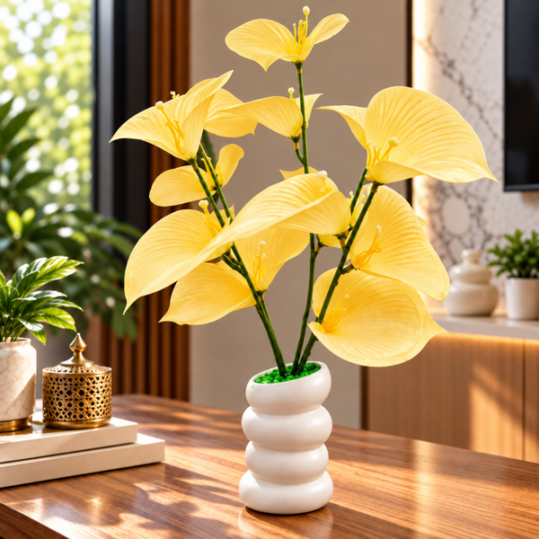 Artificial Yellow Orchid Flower Plant with White Decorative Pot CH 00323