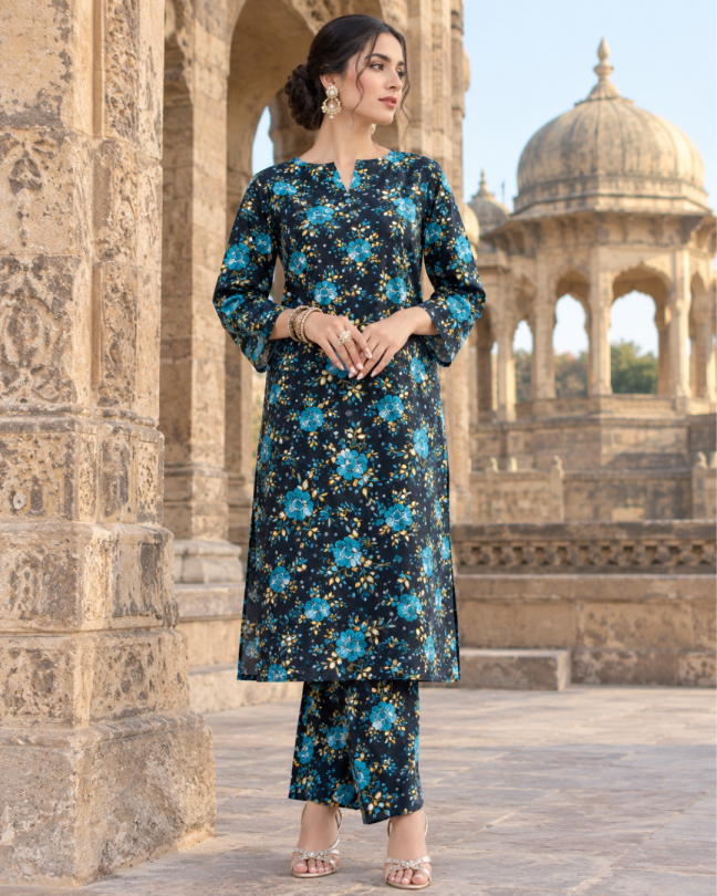 2 Pieces - Winter Slub Unstitched Deep Navy Blue linen Allover Suit