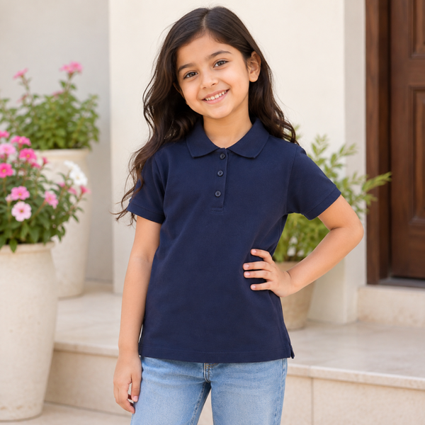 KIDS PLAIN GIRLS COTTON POLO SHIRT - NAVY BLUE