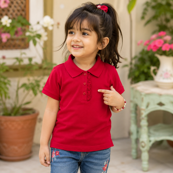 KIDS PLAIN GIRLS COTTON JERSY  POLO SHIRT - RED