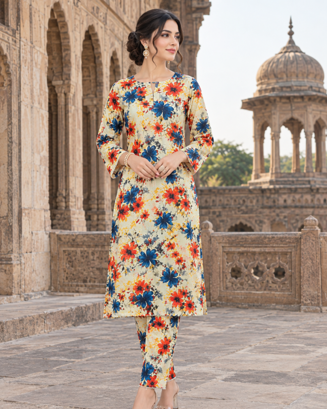 2 Pieces - Winter Slub Unstitched Ivory Cream linen Allover Suit
