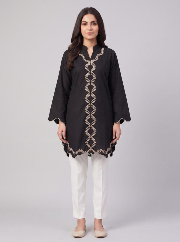 Stitched Embroidered Kurti - Black and brown