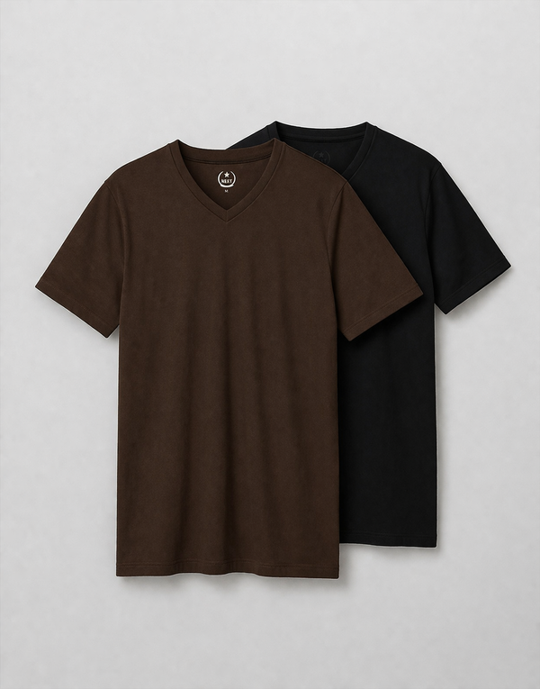 Buy 1 Get 1 Free Men Plain V-Neck Short Sleeve Tee Shirt-Chocolate-Navy