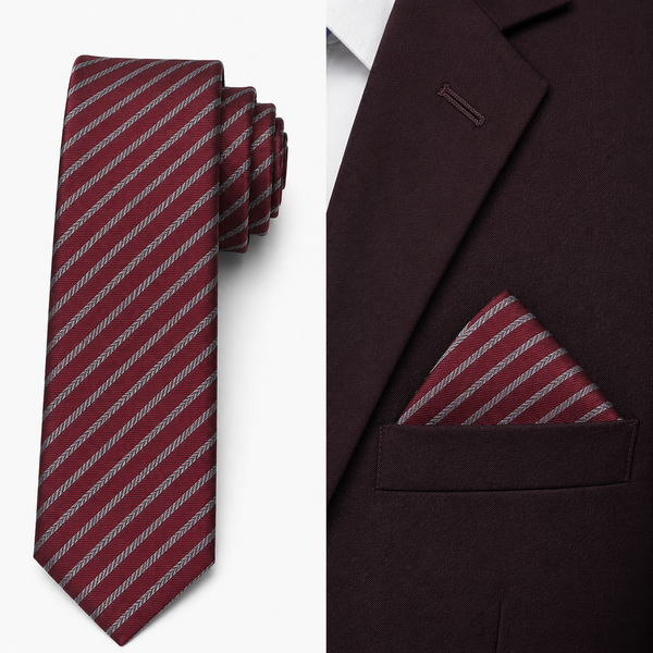 Wine Grey Striped Tie with Pocket Square